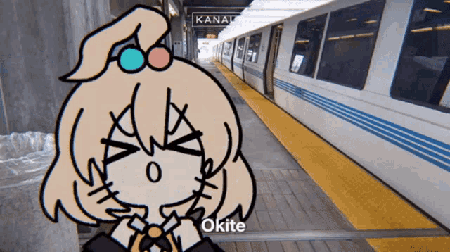 a cartoon of a girl at a train station with the word okite on the bottom right