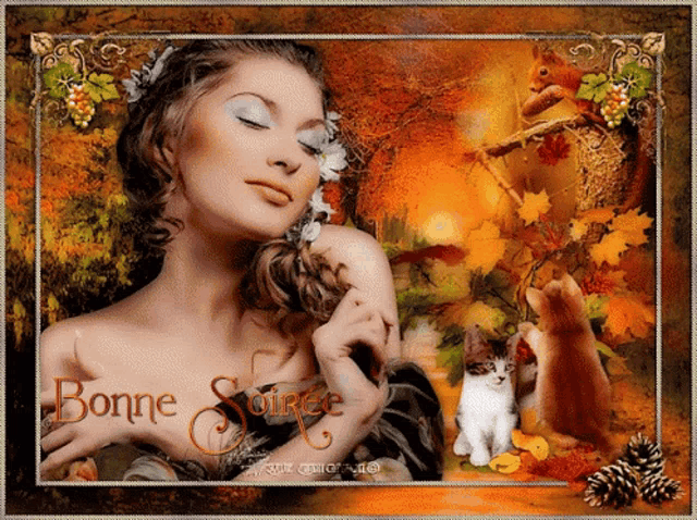 a picture of a woman with a squirrel and the words " bonne soirée " on the bottom