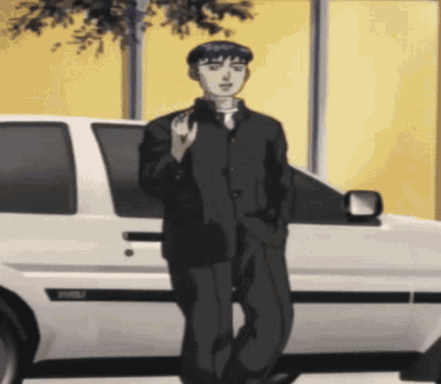 a man in a suit and tie is standing in front of a white car