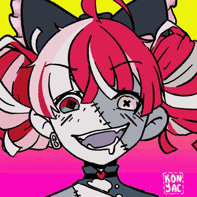 a drawing of a girl with stitches on her face and the name kon on the bottom
