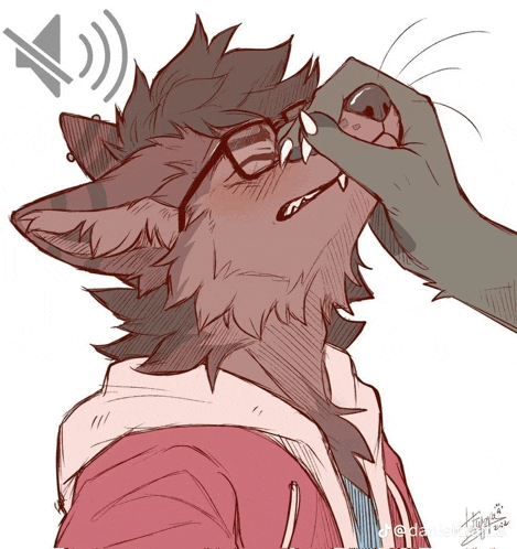 a drawing of a furry character with glasses being touched by another hand