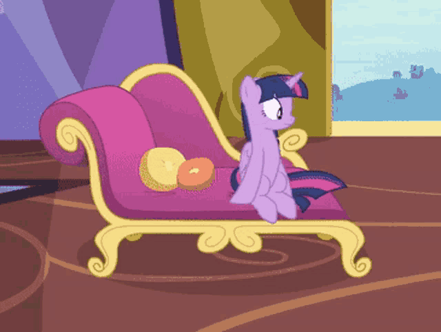 twilight sparkle sits on a pink chaise lounge with two donuts on it