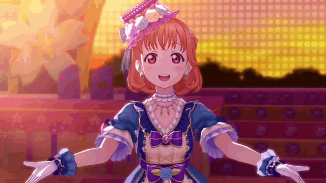 a girl in a blue dress and hat is dancing on a stage with her arms outstretched