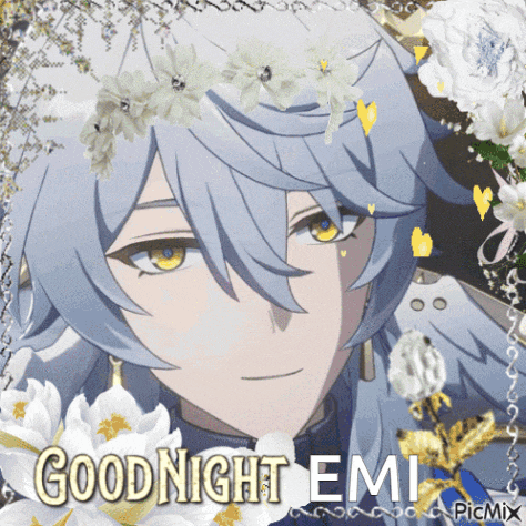 a picture of a girl with flowers in her hair and the words good night emi