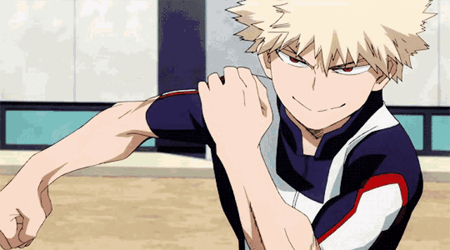 a cartoon character with blonde hair and red eyes is wearing a blue white and red shirt