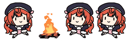 three cartoon characters are standing next to a fire