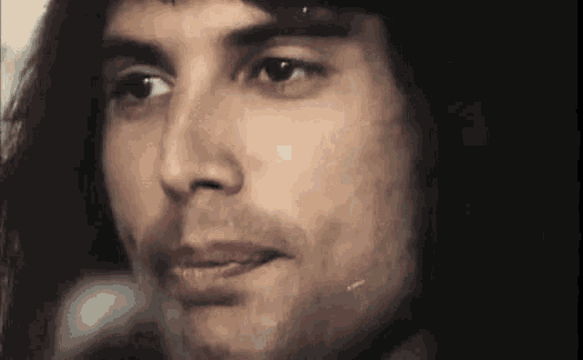 a close up of a man 's face with long hair and a beard .