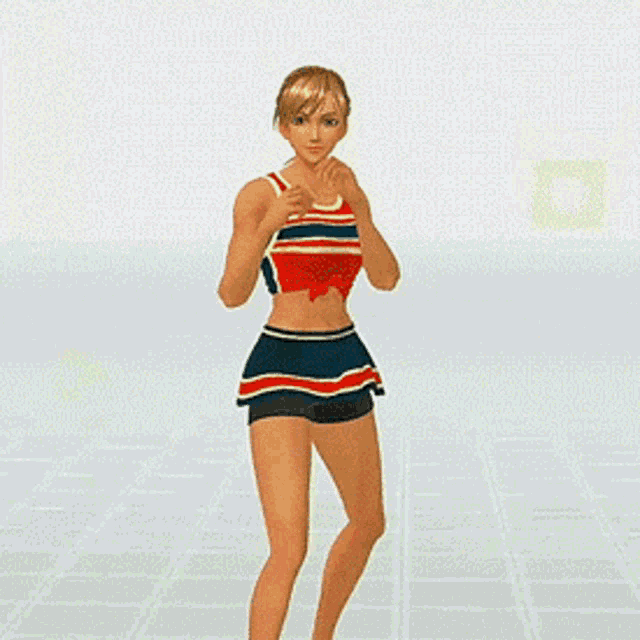 a woman in a red white and blue striped tank top and shorts is dancing