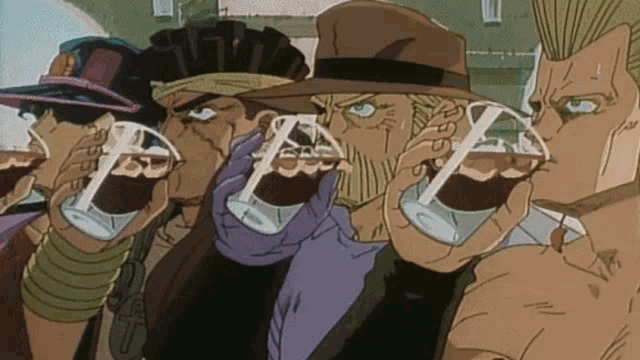 a group of cartoon characters drinking from glasses with a straw