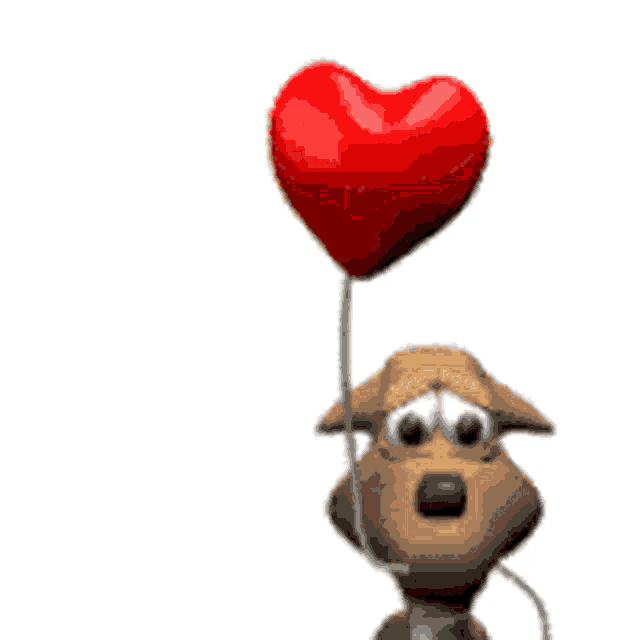 a dog is holding a heart shaped balloon