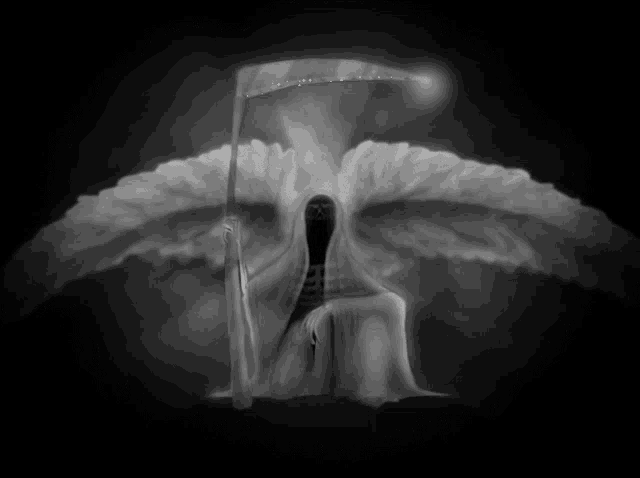 a grim reaper with angel wings holding a scythe