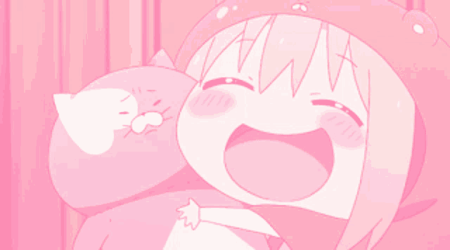 a pink anime character is smiling and holding a cat
