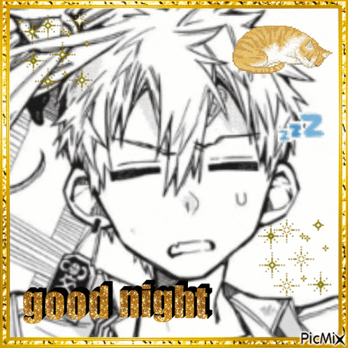 a black and white drawing of a boy with a cat sleeping on his head says good night