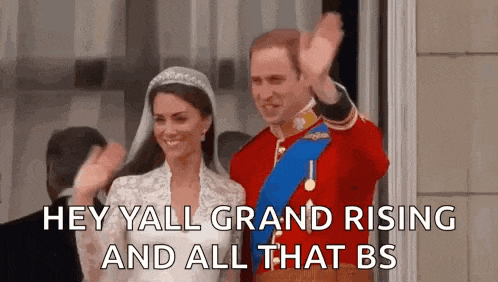 a bride and groom are waving at the camera while standing next to each other .