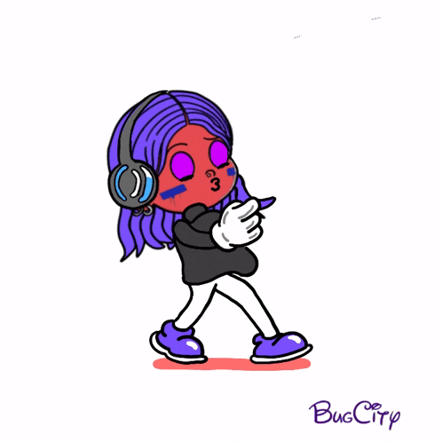 a cartoon drawing of a girl with headphones and the number 3 on her face