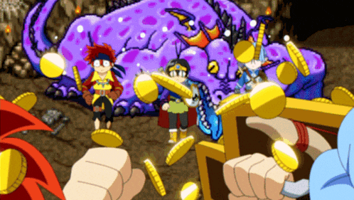 a cartoon of a group of people holding gold coins in front of a purple monster