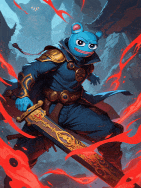 a cartoon drawing of a blue bear holding a large sword