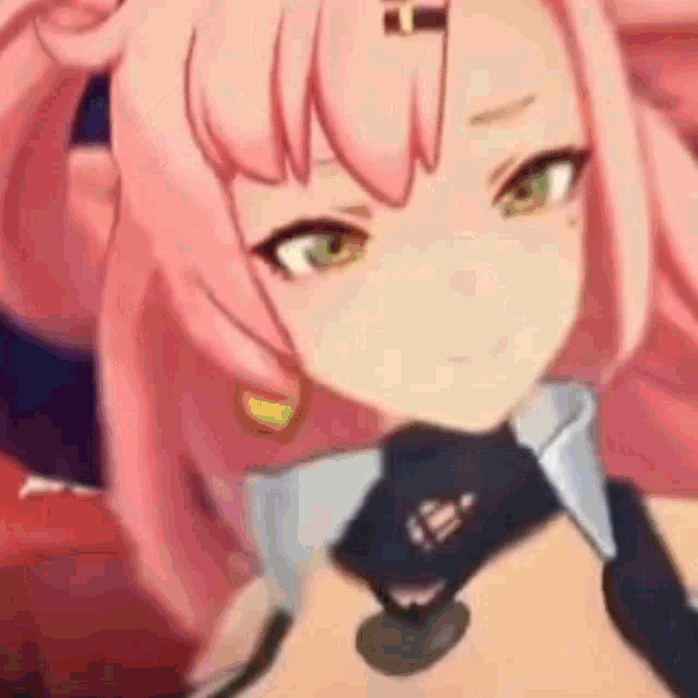 a close up of a girl with pink hair and green eyes