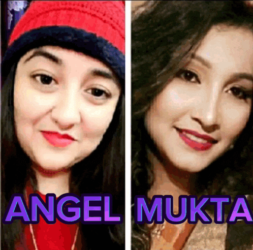 a collage of two pictures of a woman named angel mukata