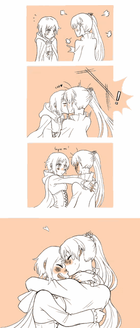 a black and white drawing of a girl hugging another girl with the word love on the bottom right