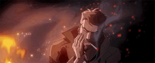 a cartoon man is smoking a cigarette in front of a fire .