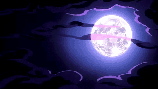 a cartoon drawing of a full moon with purple clouds behind it