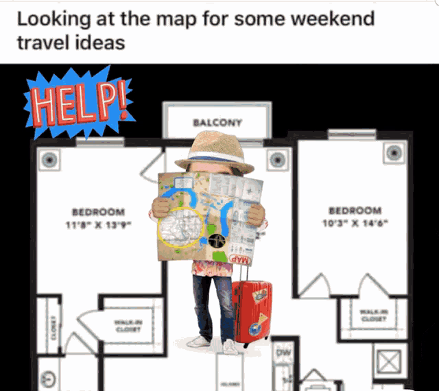 a person holding a map in front of a floor plan that says looking at the map for some weekend travel ideas