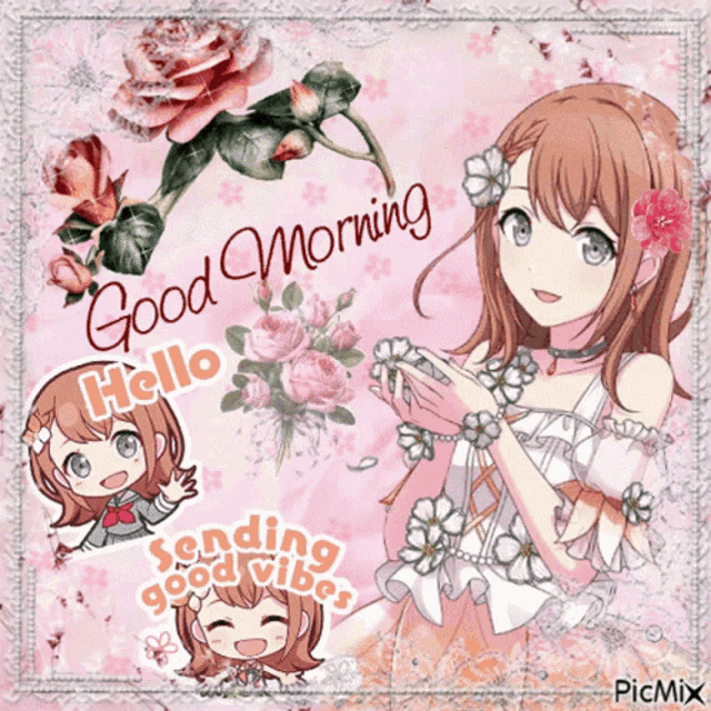 a picture of a girl with the words good morning hello sending good vibes