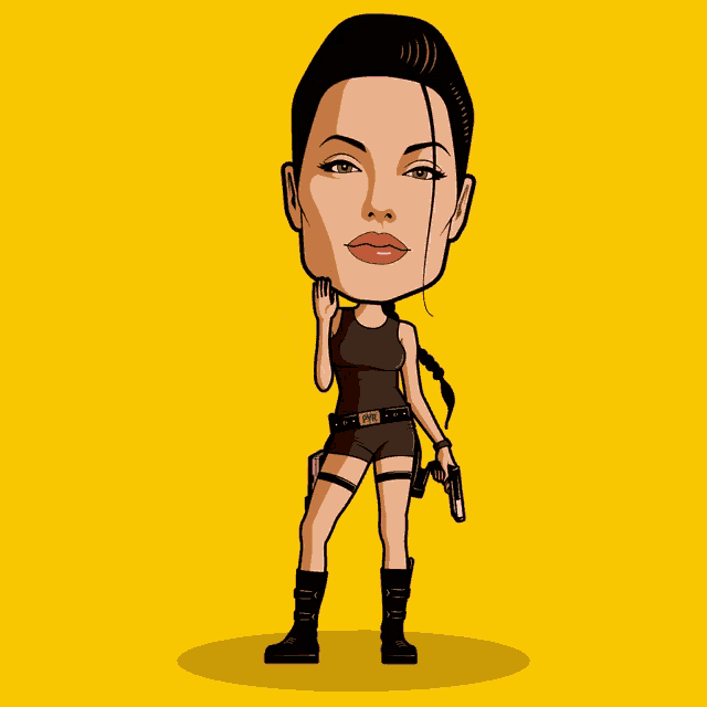 a cartoon drawing of a woman holding a gun with a hi speech bubble above her