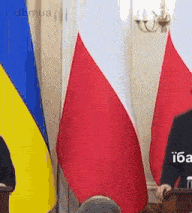 a man is standing at a podium in front of a row of flags .
