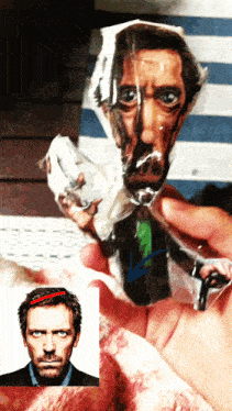 a person is holding a picture of dr. house next to a picture of himself