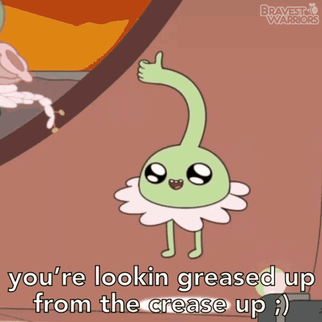 a cartoon character is giving a thumbs up and saying you 're lookin greased up from the crease up .