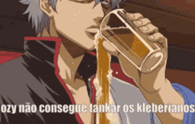 a cartoon of a man drinking from a glass with the words " ozy não consegue tanker os kleberianos " below him
