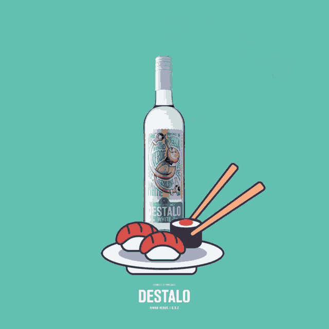 a bottle of destalo wine with sushi and chopsticks
