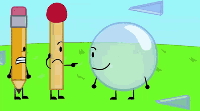 a pencil a match and a bubble are standing in a grassy field