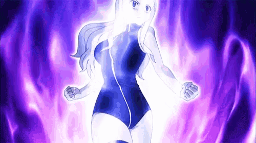 a girl in a blue swimsuit is standing in front of purple flames