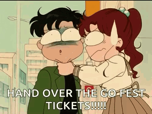 a cartoon of a girl holding a boy 's neck with the caption hand over the go fest tickets !!!