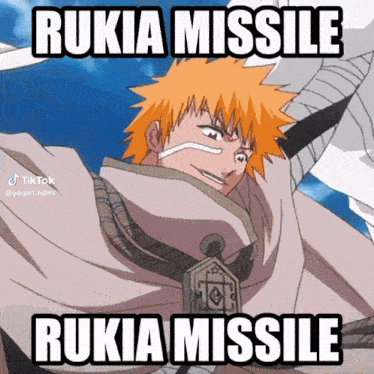 a cartoon character is holding a sword and the caption says rukia missile rukia missile