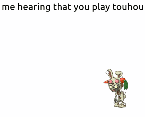 a cartoon of a zombie rabbit with a carrot on its head and the words me hearing that you play touhou above it