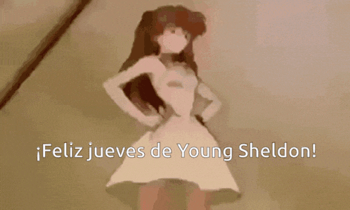 a girl in a white dress is dancing with the words feliz jueves de young sheldon