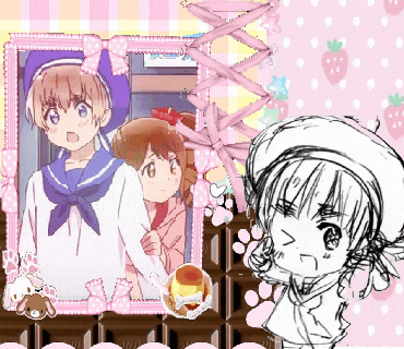 a girl in a sailor suit is standing next to another girl in a picture frame