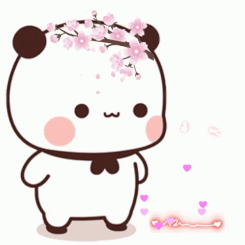 a panda bear with a crown of flowers on his head