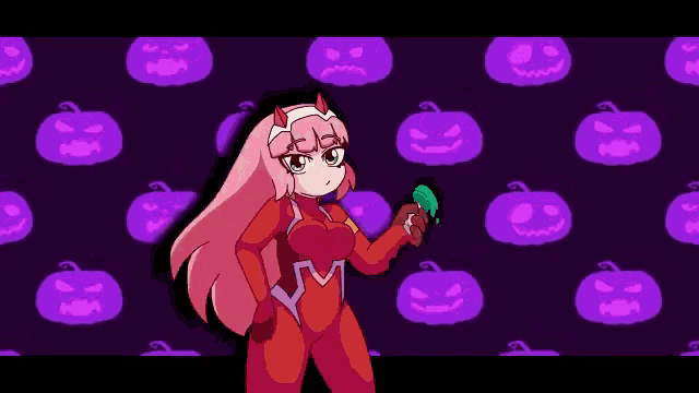a pixel art drawing of a girl in a red suit holding a lollipop .
