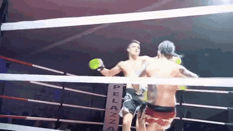 two boxers in a ring with a sign that says pelaza
