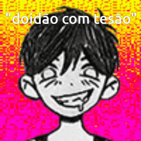 a black and white drawing of a boy with a smiley face and the words " doidao com tesão " .