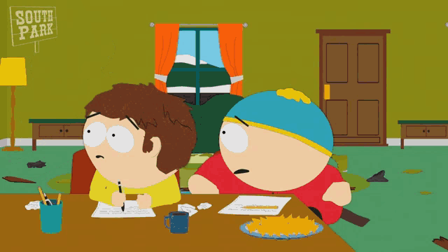two cartoon characters sitting at a table with a sign that says south park on it