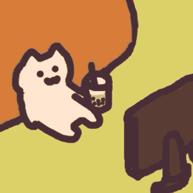 a cartoon drawing of a cat holding a cup