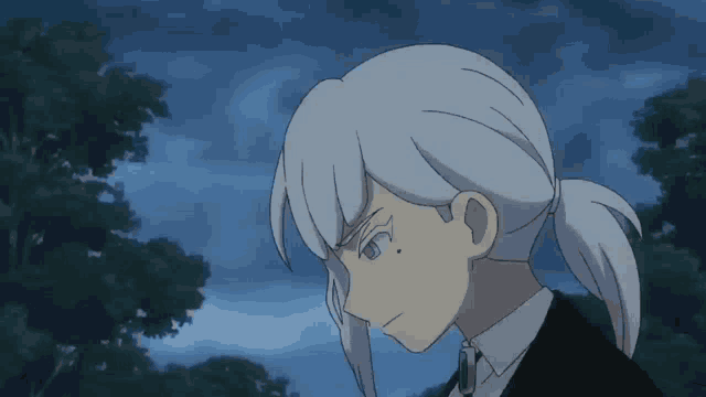 a girl with white hair and blue eyes is wearing a black suit