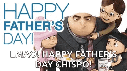 a happy father 's day greeting card with a cartoon character from despicable me holding a cup of coffee .