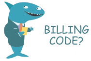 a shark in a suit and tie holding a piece of paper with the words billing code written below it